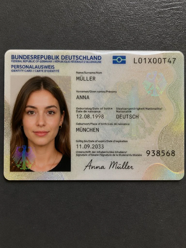 {"type": "Nahaufnahme-Fotografie","subject": "{argument name="subject" default="Eine fiktive Ausweiskarte, die von einer Hand gehalten wird"}","card_content": {"header_text": "MUSTERREPUBLIK / AUSWEISKARTE / SAMPLE ID CARD","logo": "Ein blaues Symbolfeld oben links mit dem Länderkürzel 'MR'","portrait": {"appearance": "Junge Frau mit langen, glatten blonden Haaren und Mittelscheitel","facial_features": "Helle Haut mit deutlich sichtbaren natürlichen Sommersprossen auf Nase und Wangen, neutraler Gesichtsausdruck, haselgrüne Augen mit geradem Blick nach vorn","clothing": "Schwarzes Oberteil mit sichtbarem Ausschnitt","accessories": "Kleine silberne Ohrstecker an den Ohrläppchen"},"text_data": {"surname": "MUSTERNAME","given_name": "{argument name="given name" default="ERIKA"}","birth_date": "{argument name="birth date" default="07.11.1998"}","birth_place": "BERLIN","expiry_date": "01.12.2030"},"surface_texture": "Glänzende laminierte Oberfläche mit sichtbaren holografischen Sicherheitsmustern und Guilloche-Linien über Porträt und Text"},"foreground_hand": {"position": "Hält die untere rechte Ecke der Karte","skin_tone": "Hell","fingernail": "Sichtbarer Daumen mit langem, mandelförmigem Fingernagel, lackiert in glänzendem Bordeauxrot oder Dunkelrot"},"background": "Schlichte, einfarbig weiße Oberfläche","lighting": "Weiches, gleichmäßiges Innenlicht mit leichten Reflexionen auf der Kartenoberfläche und dem glänzenden Nagellack","framing": "Vertikale Nahaufnahme aus der Vogelperspektive, vollständig auf die Karte und den Daumen fokussiert"}