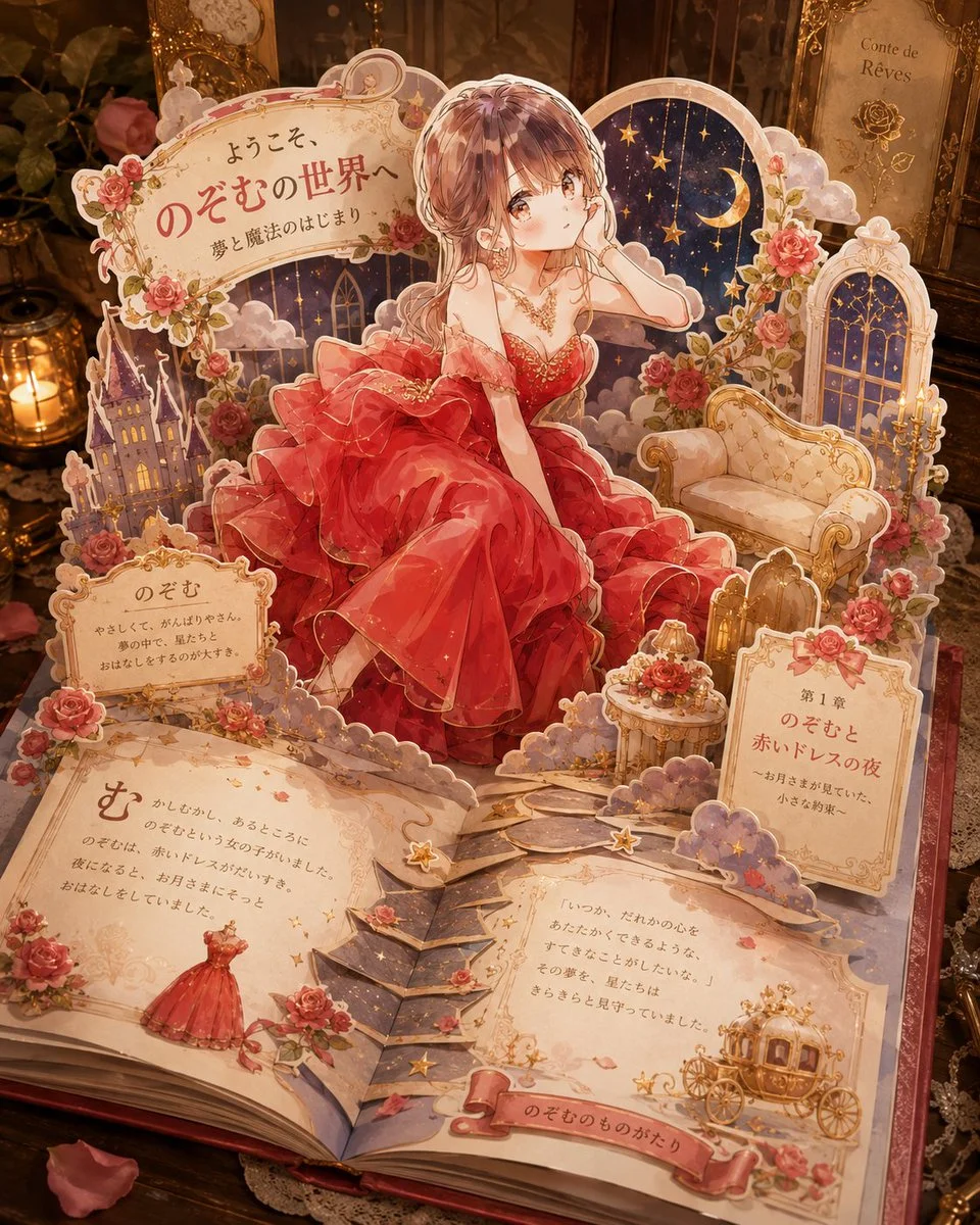 Goal: Create an ornate 3D pop-up storybook scene where {argument name="character name" default="Nozomu"} appears to leap out of an open fairy-tale book, as if a custom character illustration has become a luxurious paper craft diorama.

Canvas: Square composition, warm cinematic close-up view from slightly above, centered on an open book resting on a dark antique wooden desk. Use shallow depth of field, glowing candlelight, amber highlights, soft shadows, and a magical vintage atmosphere.

Main subject: A beautiful anime-style young woman in an extravagant {argument name="dress color" default="deep red"} ball gown sits/steps forward from the pop-up pages. She has long softly curled brown hair, delicate jewelry, bare shoulders, lace gloves, and layered translucent ruffles with gold sparkles. Her face should be intentionally covered by a soft square blur/mosaic privacy mask while the rest of the illustration remains sharp and detailed.

Pop-up book structure: Build the scene from layered cut-paper pieces with thick white paper edges, scalloped borders, tabs, folds, and dimensional shadows. Include exactly 8 major pop-up elements: 1 large central character cutout, 1 curved title sign at the upper left, 1 moon-and-stars night-sky arch behind the character, 1 cream vintage sofa on the right, 1 tall arched window on the far right, 1 small purple castle on the left, 1 ornate chapter placard on the lower right, and 1 central folded stair/path bridge rising from the open pages toward the character.

Decorative details: Use abundant roses, vines, tiny stars, clouds, gold filigree, ribbons, lace-like paper trims, and scattered rose petals. Surround the book with antique props including candles, a clock, dark floral decor, and gilded frames, all blurred slightly in the background.

Text content: Use elegant Japanese storybook typography printed directly on the paper. The upper-left title sign should read 「ようこそ、のぞむの世界へ」 with the subtitle 「夢と魔法のはじまり」. Add exactly 4 readable story text areas: 1 small name plaque on the left reading 「のぞむ」, 1 large left-page story panel, 1 right-page story panel, and 1 lower-right chapter card reading 「第1章 のぞむと赤いドレスの夜」. Add a bottom ribbon label reading 「のぞむのものがたり」. Keep the Japanese text decorative and believable, not overly crisp.

Style: Highly detailed anime illustration mixed with realistic handcrafted pop-up book photography, romantic princess fantasy, rococo ornamentation, warm beige parchment paper, deep reds, gold accents, dusky purple night sky, magical sparkles, premium children’s picture-book aesthetic.

Constraints: The open book must be the main object, not a flat poster. Maintain strong 3D paper depth and visible layered construction. Do not add extra characters. Do not include watermarks, logos, modern objects, or English text.