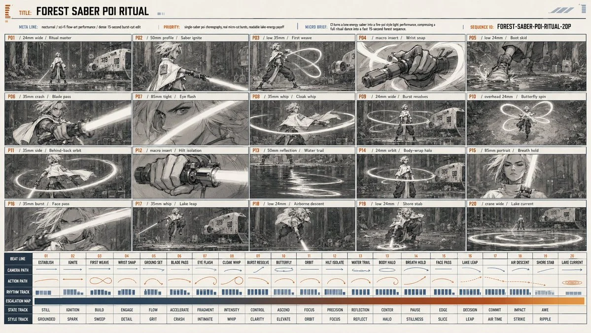 Goal: Create a cinematic grayscale storyboard / production animatic sheet for a sci-fi forest lightsaber ritual titled {argument name="title text" default="FOREST SABER POI RITUAL"}, showing a lone female Jedi-like ritual master performing a glowing saber-poi choreography beside a small landed spaceship in a wet nighttime forest.

Canvas: Wide horizontal 16:9 production board on warm off-white paper, thin black grid lines, tiny orange and blue technical accents, monochrome pencil-and-ink concept art with bright white saber glow. Use a dense professional previsualization layout, like a film pitch sheet or animation timing board.

Header: At the top left include small stacked orange registration marks, then the label “TITLE:” followed by the large bold title. Under it, create a slim metadata row with these labels and values: “META LINE: nocturnal / sci-fi flow-art performance / dense 15-second burst-cut edit”, “PRIORITY: single-saber poi choreography, real micro-cut bursts, readable lake-energy payoff”, “MICRO BRIEF: C turns a lone energy saber into a fire-poi style light performance, compressing a full ritual dance into a fast 15-second forest sequence.” At the top right include “SEQUENCE ID: {argument name="sequence id" default="FOREST-SABER-POI-RITUAL-20P"}”.

Main layout: Use exactly 20 storyboard panels arranged in a 5-column by 4-row grid. Each panel has a narrow caption strip along its top edge with an orange panel number from P01 to P20, lens/camera note, and action title. The panels should look hand-drawn, high-detail, cinematic, with consistent character design and environment continuity.

Subject details: The performer is {argument name="character description" default="a young female Jedi-like warrior with pale layered hair, a short white cloak, fitted tunic, dark trousers, boots, wrist wraps, utility belt, and a single glowing white energy saber"}. She performs controlled saber-poi arcs, loops, spins, and strikes. The environment is {argument name="environment" default="a damp moonlit forest clearing with shallow reflective water, ferns, tall tree trunks, mist, scattered ritual objects, and a compact rounded spaceship landed in the background"}.

Storyboard panels, exactly 20:
1. P01 / 24mm wide / Ritual master: full-body establishing shot, warrior standing in shallow water, saber tip touching the ground, spaceship visible behind her.
2. P02 / 50mm profile / Saber ignite: side profile as she ignites the saber horizontally, cloak trailing.
3. P03 / low 35mm / First weave: wide stance, first figure-eight light trail above and behind her.
4. P04 / macro insert / Wrist snap: close-up of wrapped hands gripping the saber hilt, motion streaks crossing the frame.
5. P05 / low 24mm / Boot skid: close-up of boots sliding through puddled mud and water.
6. P06 / 35mm crash / Blade pass: extreme foreground saber beam slashing across frame, face and forest behind.
7. P07 / 85mm tight / Eye flash: close-up of one intense eye partially hidden by hair, saber reflection crossing the face.
8. P08 / 35mm whip / Cloak whip: spinning body, cloak and saber trail making a horizontal circular arc.
9. P09 / 24mm wide / Burst resolves: centered full-body pose with multiple luminous rings around her, spaceship at right.
10. P10 / overhead 24mm / Butterfly spin: top-down view of figure-eight butterfly light loops around her.
11. P11 / 35mm side / Behind-back orbit: side shot, saber orbiting behind her back in a glowing halo trail.
12. P12 / macro insert / Hilt isolation: close-up of saber hilt and hand, blade blasting out of frame.
13. P13 / 50mm reflection / Water trail: reflective lake surface with serpentine glowing saber trail rippling across water.
14. P14 / 24mm orbit / Body-wrap halo: full-body frontal stance with a bright circular ring wrapping around the waist.
15. P15 / 85mm portrait / Breath hold: emotional portrait, hair floating, forest behind, one rectangular censored/blank gray patch over part of the torso area.
16. P16 / 35mm burst / Face pass: dynamic close-up of face and hair as saber beam streaks diagonally across foreground.
17. P17 / 35mm whip / Lake leap: airborne leap over shallow water with saber extended, ship and forest behind.
18. P18 / low 24mm / Airborne descent: low-angle descending attack, cloak flying, saber pointed downward.
19. P19 / low 24mm / Shore stab: crouched landing stab into wet ground, circular light ripple around blade.
20. P20 / crane wide / Lake current: wide final shot, performer small at center, huge luminous concentric ripples spreading over the lake, spaceship in background.

Bottom timing chart: Beneath the panels, create a detailed timeline table spanning all 20 beats. Include left-side row labels: “BEAT LINE”, “CAMERA PATH”, “ACTION PATH”, “RHYTHM TRACK”, “ESCALATION MAP”, “STATE TRACK”, and “STYLE TRACK”. Across the top of the table, number beats 01 through 20 and add the matching action names: Establish, Ignite, First Weave, Wrist Snap, Ground Set, Blade Pass, Eye Flash, Cloak Whip, Burst Resolve, Butterfly, Orbit, Hilt Isolate, Water Trail, Body Halo, Breath Hold, Face Pass, Lake Leap, Air Descent, Shore Stab, Lake Current. Fill the rows with tiny arrows, loop diagrams, blue rhythm bars, and an orange escalation strip rising toward the final beats. Keep all bottom-table text very small but clean and technical.

Visual style: high-end grayscale production storyboard, dense crosshatching, ink wash, cinematic manga concept art, realistic sci-fi costume design, glowing white saber trails, subtle sepia paper tone, precise grid composition, thin technical labels, orange panel numbers, blue-gray UI marks.

Constraints: Do not add extra panels; the sheet must contain exactly 20 storyboard panels and one bottom timing chart. Keep the image text mostly legible, avoid colorful neon except the white saber glow and restrained orange/blue chart accents, no watermark, no modern Earth logos.