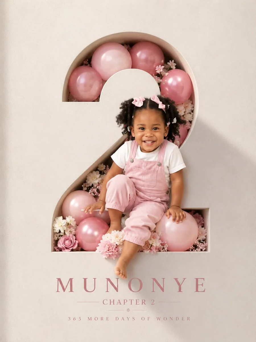 Professional luxury birthday poster, 3:4 ratio. Entire frame filled with a premium off white luxury paper textured wall. Large number “{argument name="age" default="2"}” precisely carved in the wall with visible depth and realistic inner shadows. Inside the number: {argument name="decorations" default="soft pink and pink balloons, subtle white flowers"}, elegant bouquet arrangement, premium celebration styling. A happy 2 year old child with preserved reference facial features, wearing a milky white T shirt and pink denim overalls, laughing naturally. Face, shoulder, one hand and one foot extend outside the number creating a realistic 3D effect. Warm cinematic sunlight from one side, soft rim light, photorealistic skin, premium studio photography, ultra realistic, sharp focus. Typography on wall: {argument name="name" default="MUNONYE"}, CHAPTER 2, 365 MORE DAYS OF WONDER. Clean minimalist layout, luxury magazine cover aesthetic, high end art direction, realistic shadows, natural colors, no tree shadows, no fake lighting, no AI artifacts.