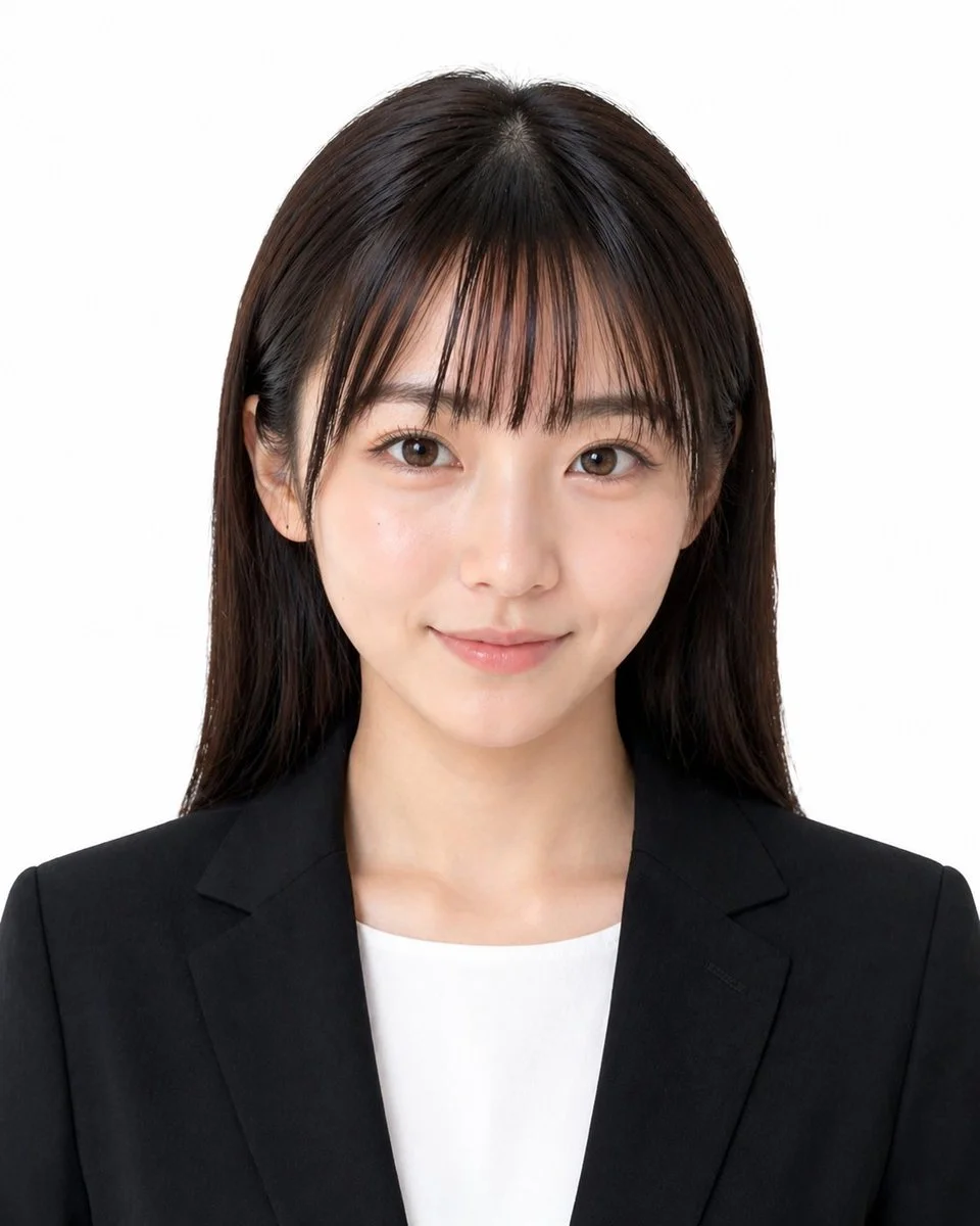 A formal Japanese-style passport or ID photo of a young adult woman, chest-up and centered, facing straight toward the camera with a neutral professional expression, on a clean light gray studio background. She has straight dark brown to near-black hair, smooth and glossy, parted slightly off-center near the top, with the hair falling evenly past the shoulders on both sides. Her ears are partially visible, with no noticeable accessories. She wears a tailored black business blazer over a plain white crew-neck blouse, creating a conservative job-application or official-document look. The lighting is soft, even, and frontal with minimal shadows, high sharpness, natural skin tones, and a realistic photographic finish. Composition is symmetrical and tightly cropped like an ID photo, showing the top of the head, shoulders, neckline, and upper chest. No smile, no dramatic styling, no props, no text, no border, no background details.