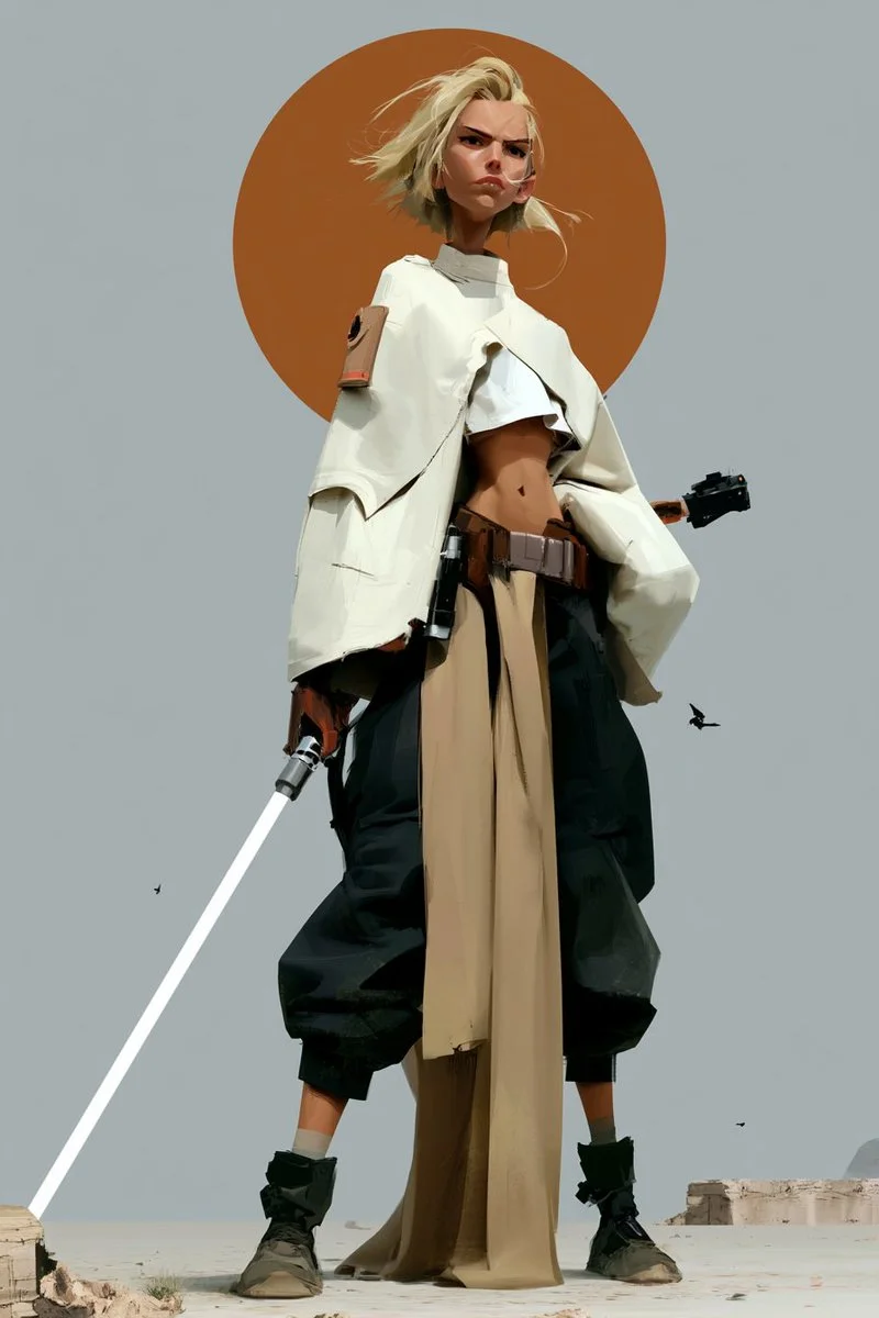 Create a vertical 2:3 full-body cinematic fashion character portrait of a futuristic female Jedi warrior standing in a pale desert under a flat gray-blue sky, viewed from a low angle so she feels tall and imposing. The character has {argument name="hair color" default="windblown platinum blonde"} short messy hair, a slim athletic build, tanned skin, and her face is deliberately obscured by a square pixelated censor block matching skin tones. She wears an oversized off-white Jedi poncho/cape with sculptural folded panels and wide sleeves over a cropped white top that exposes her midriff, a brown utility belt with pouches, loose black cropped harem pants, a long tan cloth tabard hanging from the waist to the ground, ankle socks, and rugged dark boots. She holds exactly one glowing white lightsaber angled diagonally down toward the bottom-left corner, with a metallic hilt in her right hand; a second dark sci-fi handle or weapon protrudes behind her right side. Behind her head is exactly one large burnt-orange circular sun disk, centered like a halo. The background is minimal and surreal: pale sand foreground, distant low stone ruins on the right, a faint rounded rock formation far right, and exactly three small black birds scattered in the sky. Use high-fashion editorial sci-fi styling, sharp sunlight, clean composition, muted desert palette of cream, tan, black, rust orange, and gray-blue, realistic fabric folds, dramatic wind movement, no text, no watermark.