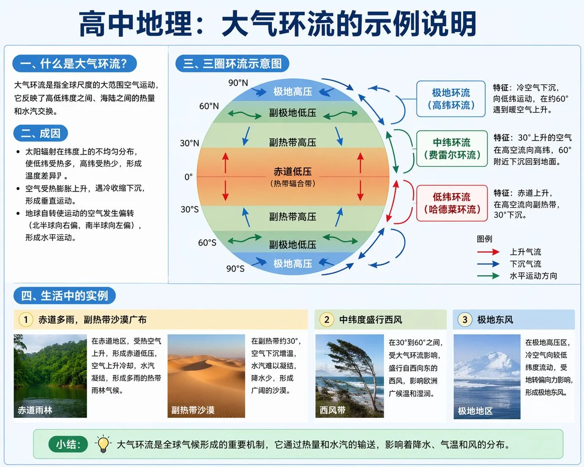 {
  "type": "educational infographic",
  "style": "clean, modern textbook illustration, light blue and white color palette",
  "header": "{argument name=\"main title\" default=\"高中地理：大气环流的示例说明\"}",
  "layout": {
    "top_left_column": {
      "section_1": {
        "title": "{argument name=\"section one title\" default=\"一、什么是大气环流？\"}",
        "content": "1 short explanatory paragraph about global air movement"
      },
      "section_2": {
        "title": "二、成因",
        "content": "3 bullet points explaining solar radiation, vertical movement, and Coriolis effect"
      }
    },
    "top_right_column": {
      "section_3": {
        "title": "{argument name=\"diagram title\" default=\"三、三圈环流示意图\"}",
        "diagram_features": [
          "Earth cross-section showing latitudes 0 to 90 degrees North and South",
          "Color-coded pressure belts: red (equator), yellow (subtropics), green (subpolar), blue (polar)",
          "Arrows indicating air flow directions"
        ],
        "circulation_cells": {
          "count": 3,
          "labels": ["极地环流 (高纬环流)", "中纬环流 (费雷尔环流)", "低纬环流 (哈德莱环流)"],
          "descriptions": "3 text boxes detailing characteristics of each cell"
        },
        "legend": {
          "title": "图例",
          "items": "3 arrow types: red (ascending), blue (descending), green (horizontal)"
        }
      }
    },
    "bottom_row": {
      "section_4": {
        "title": "{argument name=\"examples title\" default=\"四、生活中的实例\"}",
        "examples": {
          "count": 3,
          "items": [
            {
              "subtitle": "1 赤道多雨，副热带沙漠广布",
              "images": "2 photos: tropical rainforest and desert",
              "text": "2 text blocks explaining the climates"
            },
            {
              "subtitle": "2 中纬度盛行西风",
              "images": "1 photo: windswept trees on a coast",
              "text": "1 text block explaining westerlies"
            },
            {
              "subtitle": "3 极地东风",
              "images": "1 photo: snowy mountains",
              "text": "1 text block explaining polar easterlies"
            }
          ]
        }
      }
    },
    "footer": {
      "label": "{argument name=\"footer label\" default=\"小结：\"}",
      "icon": "lightbulb",
      "content": "1 summary sentence about global climate mechanisms"
    }
  }
}