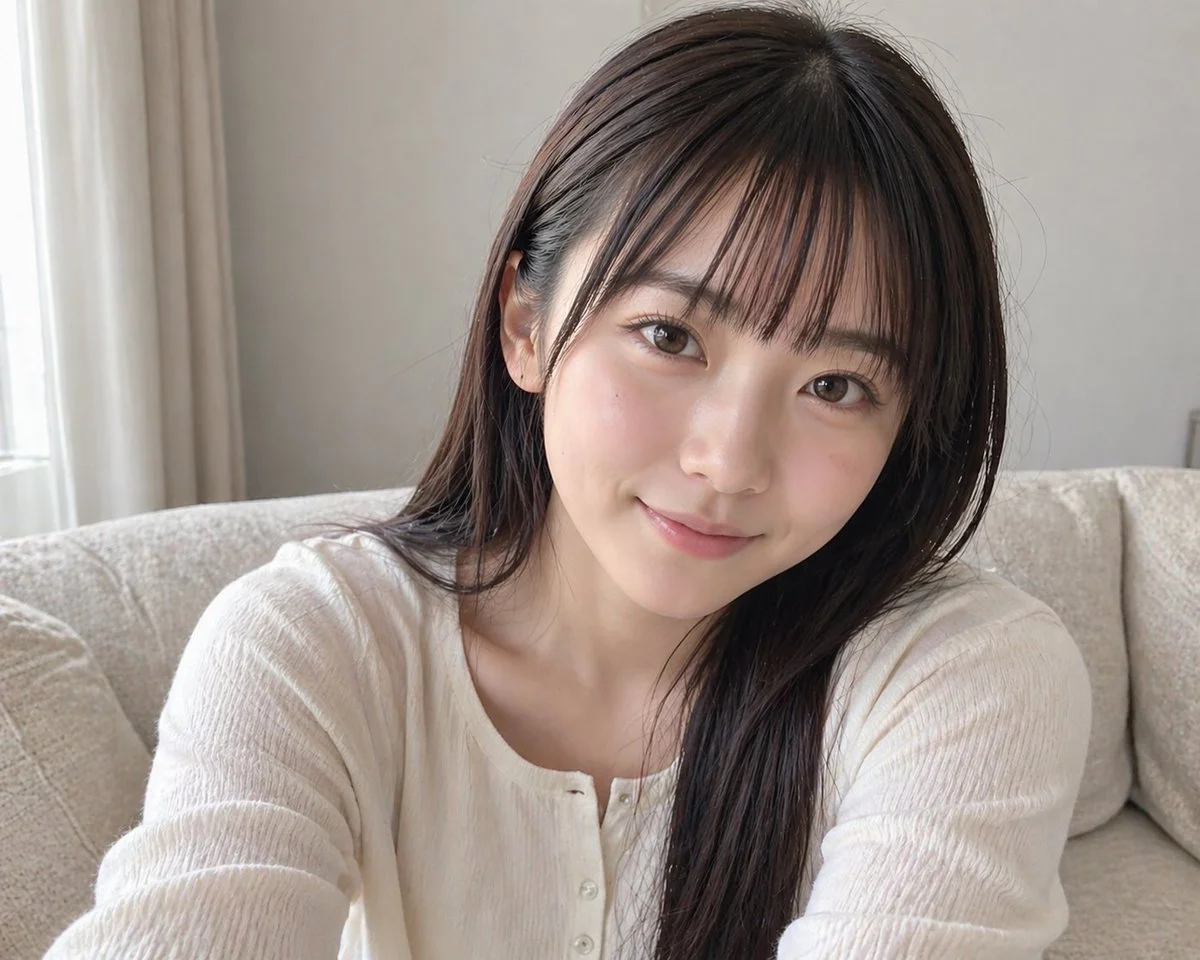 A realistic indoor portrait photo of a young East Asian woman seated on a light beige fabric sofa in a softly lit modern living room, framed from the chest up in a casual selfie-like composition. She has long, straight {argument name="hair color" default="dark brown"} hair with a side part, smooth natural skin, and a slim build. Her face is fully covered by a large square mosaic blur censor block centered over the head, obscuring all facial features while leaving the hairline, ears, jawline edge, and neck partially visible. She wears a simple {argument name="top color" default="white"} ribbed long-sleeve knit top with a round neckline and exactly 3 small front buttons visible. Her posture is relaxed, slightly leaning toward the camera, with one arm implied to be extended to take the photo. The background shows 1 bright window at the far left with sheer daylight, 1 beige curtain, and the neutral sofa wrapping behind her. Soft natural daylight from the left, muted warm-gray walls, minimal home interior, shallow depth of field, clean realistic photography, understated candid atmosphere, no text, no accessories, no dramatic styling.