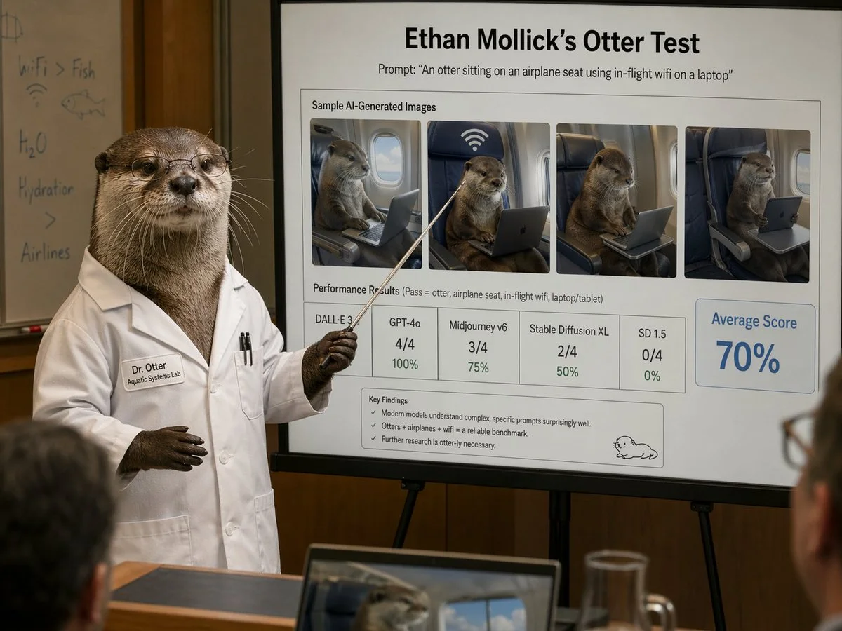 A photorealistic humorous academic presentation in a conference room: an anthropomorphic otter scientist stands at the left side of the frame wearing a crisp white lab coat and holding a thin pointing stick toward a large presentation board on an easel. The otter is upright like a human, with realistic brown fur, dark paws, and a professional posture. The lab coat has a stitched name tag reading "Dr. Otter" and a smaller line reading "Aquatic Systems Lab," plus two pens in the chest pocket. The otter’s face is partially censored by a square blur block. Behind the otter is a whiteboard with faint handwritten notes and doodles, including "WiFi > Fish," "H2O," "Hydration," a fish sketch, and a wifi symbol. The main focus is a large clean presentation slide with sharp readable text and polished corporate-academic layout. At the top, a bold title reads "{argument name="headline text" default="Ethan Mollick’s Otter Test"}" and beneath it a subtitle reads "Prompt: \"{argument name="prompt text" default="An otter sitting on an airplane seat using in-flight wifi on a laptop"}\"". Below that is a boxed section titled "Sample AI-Generated Images" containing exactly 4 side-by-side sample images of a realistic otter seated in an airplane seat using a laptop or tablet, each framed like model outputs, with one showing a large wifi symbol above the seat. Beneath the images is a section labeled "Performance Results (Pass = otter, airplane seat, in-flight wifi, laptop/tablet)" with exactly 5 score boxes: "DALL·E 3" with no visible numeric score, "GPT-4o" with "4/4" and "100%", "Midjourney v6" with "3/4" and "75%", "Stable Diffusion XL" with "2/4" and "50%", and "SD 1.5" with "0/4" and "0%". On the right side is a large highlighted box reading "Average Score" and "{argument name="average score" default="70%"}" in large blue type. At the bottom of the slide is a "Key Findings" box with exactly 3 bullet points: "Modern models understand complex, specific prompts surprisingly well.", "Otters + airplanes + wifi = a reliable benchmark.", and "Further research is otter-ly necessary." A small simple cartoon otter doodle appears in the lower-right corner of the slide. The room is warmly lit with wood-paneled walls, shallow depth of field, and a few blurred audience members in the foreground, including a laptop at the bottom edge showing an otter image on its screen and a glass pitcher on a table. Style: ultra-realistic editorial photography, deadpan scientific satire, believable conference presentation, high detail, natural indoor lighting, professional lens compression, readable slide typography, polished yet absurd.