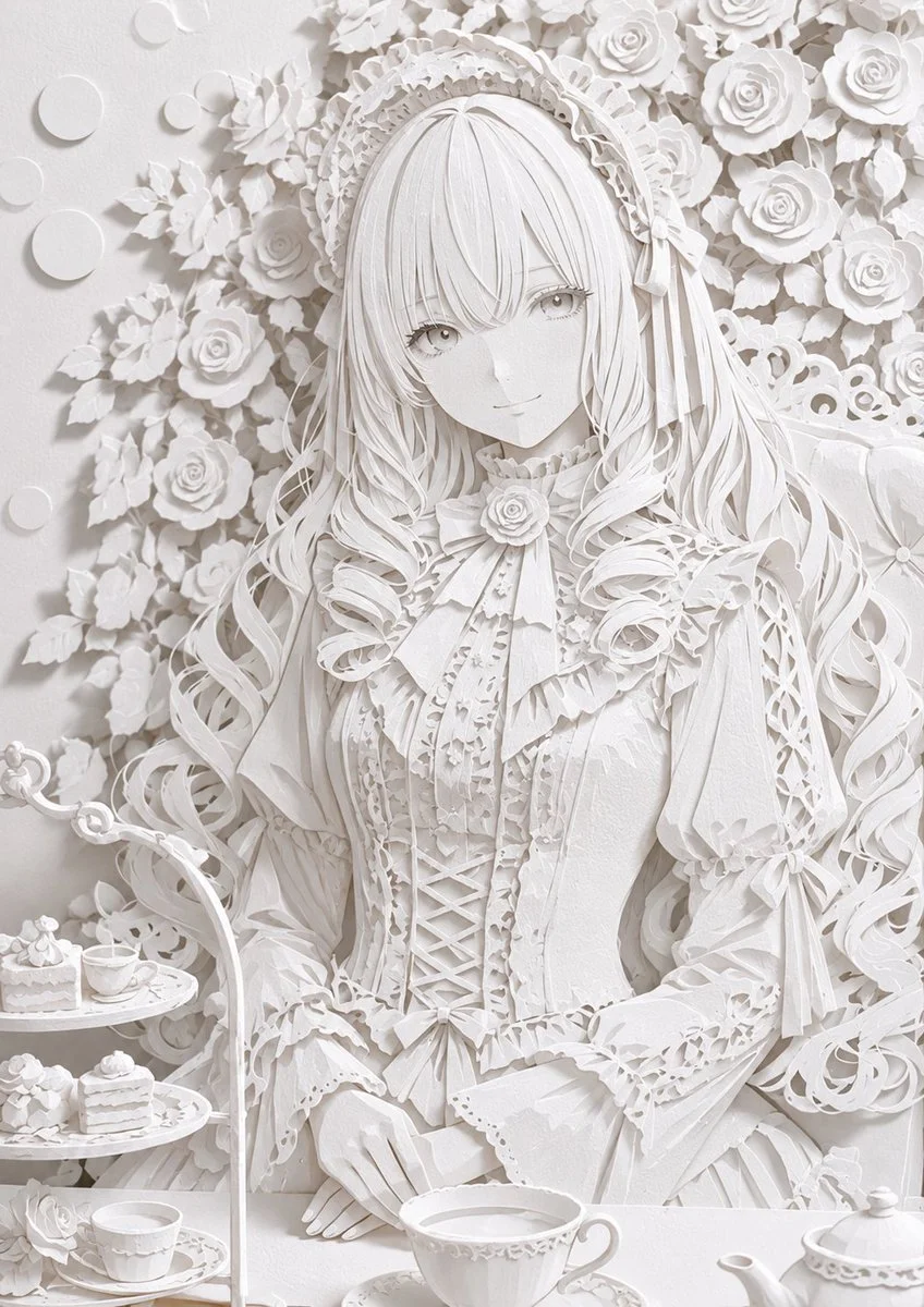 {argument name="対象" default="このイラスト"}を非常に精密でリアルな{argument name="色" default="白い"}紙の{argument name="スタイル" default="ペーパークラフト"}風に変換してください。厚紙をレーザーカットしたようなシャープで正確な切り口、細かい折り目、複数のレイヤーによる豊かな立体感、紙の繊維感と自然な影を高ディテールで表現してください。光の当たり方による紙の白さと微妙なグラデーションを活かし、本物のような立体的なペーパーアート作品のようなリアリティを出して。全体を洗練されていて芸術的な雰囲気に。元のイラストの構図・キャラクターを忠実に維持。