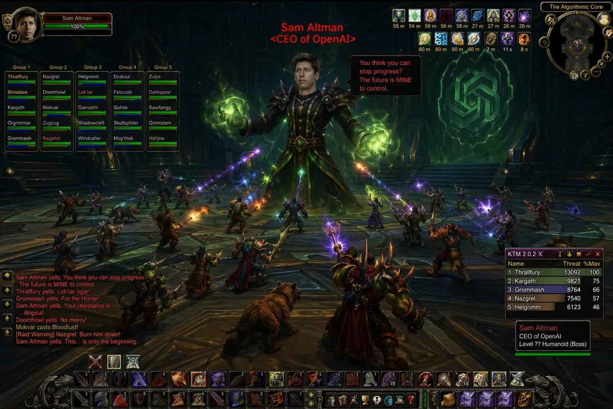 a {argument name="player count" default="20"} person horde raid is fighting {argument name="character" default="Sam Altman"} in {argument name="year" default="2004"} world of Warcraft style. One shortted.