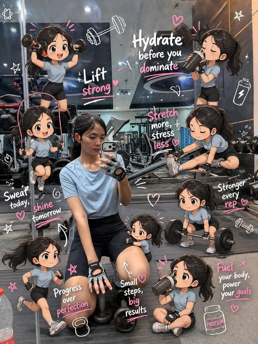 Edit the image while keeping the original photo completely unchanged — including the person, face, body, pose, lighting, and gym background.

Add multiple small, cute chibi-style “mini versions” of her around the image. Each mini character should have a big head, expressive facial features, and match her hairstyle and outfit.

Depict each mini version doing different gym-related activities:

one cheering with arms raised

one running in running shoes

one drinking from a shaker bottle

one wearing sporty running glasses

one climbing near her leg

Enhance the image with playful, hand-drawn doodles and handwritten notes in white and pink ink, in a scrapbook style. Include elements like arrows, stars, hearts, sparkles, and sketchy lines.

Add cute, handwritten gym-themed motivational phrases:

“lift strong”

“stronger every rep”

“no pain no gain”

“sweat now, shine later”

“progress over perfection”

“train hard, stay soft”

The overall vibe should feel fun, energetic, and feminine.