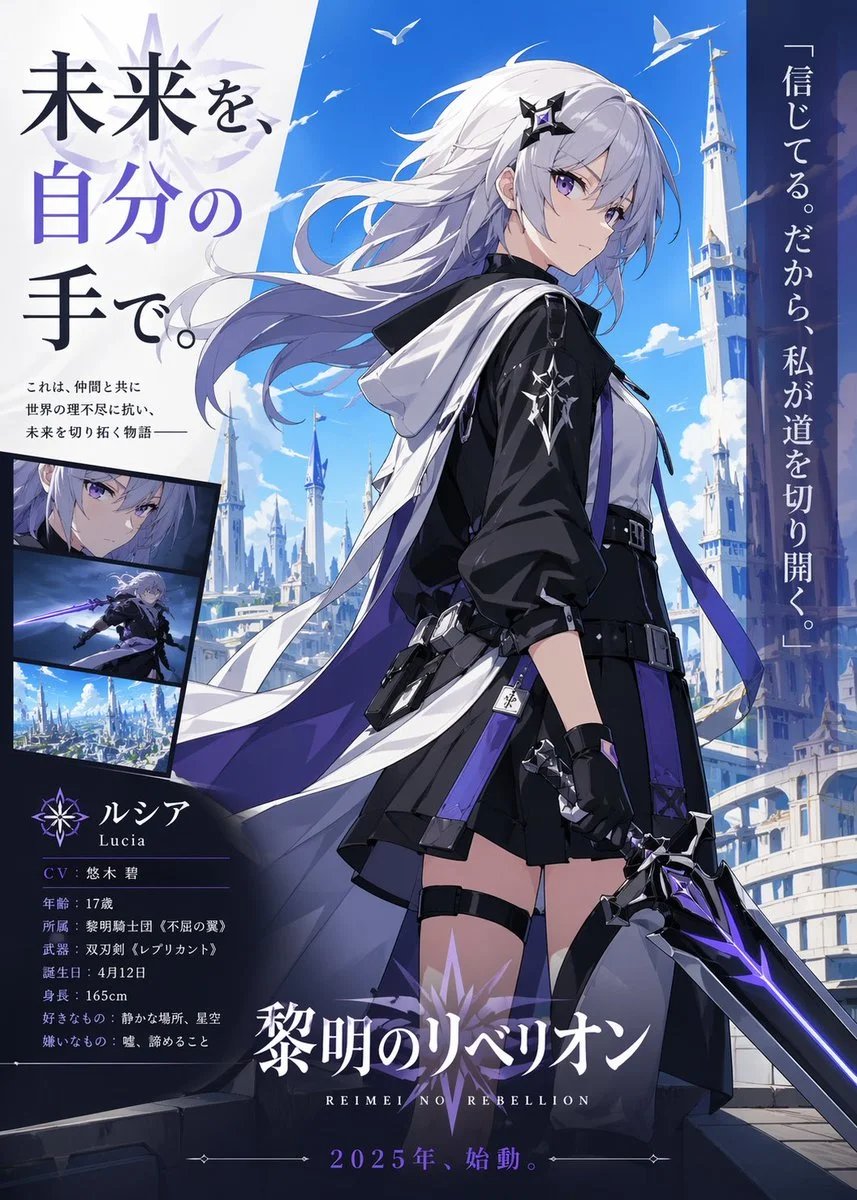 A polished anime-style vertical key visual poster for a futuristic fantasy action series. Center the composition on a full-body young heroine in a confident three-quarter back pose, looking over her shoulder, with her face partially obscured by angle and hair. She has long flowing silver-white hair blowing dramatically in the wind, pale skin, and cool violet accents. Her outfit is a sleek black, white, and purple combat uniform: black cropped jacket with white hood and cape-like layered back panels, fitted bodice, short pleated skirt, utility belt and straps, black gloves, thigh strap on one leg, and subtle star-emblem details. In her right hand she holds a large angular sci-fi sword with glowing purple energy lines. The background is a bright blue daytime sky with soft clouds, several white birds, and an elegant white city of tall cathedral-like spires and bridges, creating a grand utopian futuristic kingdom atmosphere. Use strong wind effects in the hair, ribbons, coat tails, and fabric. Add smooth linework and smooth coloring, clean anime rendering, high-detail cel shading, crisp lighting, glossy highlights, and a premium game-promo illustration finish.

Design it as a complete Japanese promotional poster layout. On the upper left, place a large bold vertical headline in Japanese reading "未来を、自分の手で。" with the middle phrase in purple and the rest in black, over a pale decorative emblem. Beneath it, add a short Japanese blurb in smaller text. On the right side, place a tall dark vertical sidebar with white Japanese text reading "信じてる。だから、私が道を切り開く。". On the lower left, include 3 tilted rectangular inset images stacked diagonally: 1 close-up portrait of the heroine's face, 1 action shot of her fighting with the glowing sword, and 1 wide cityscape view. Below those in a dark character info panel, show the character name "ルシア" with the romanized name "Lucia" and a small emblem, followed by 7 profile lines in Japanese: "CV：悠木 碧", "年齢：17歳", "所属：黎明騎士団（不屈の翼）", "武器：双刃剣（レプリカント）", "誕生日：4月12日", "身長：165cm", "好きなもの：静かな場所、星空", and a final dislike line. At the bottom center, place the large series logo text "黎明のリベリオン" with the English subtitle "REIMEI NO REBELLION" beneath it, and below that the release line "2025年、始動。". Color palette: white, black, deep indigo, electric violet, and sky blue. Overall mood: heroic, elegant, aspirational, premium anime game or light novel promotional poster.