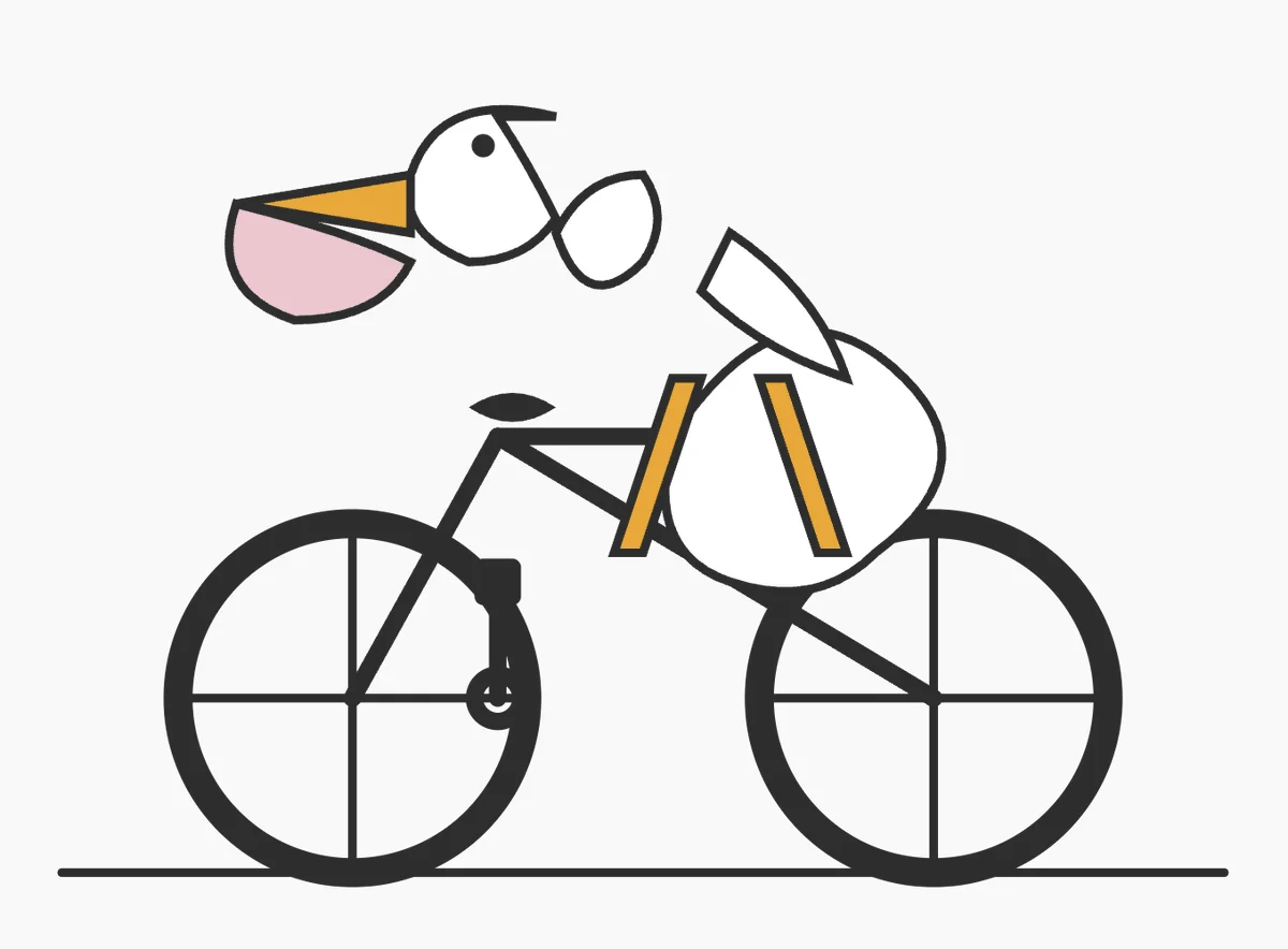 A minimalist vector-style illustration on a flat light gray background showing a pelican riding a bicycle, drawn from simple geometric shapes with thick dark charcoal outlines. The composition is wide and centered, with the bicycle occupying the lower two-thirds of the image and the bird’s head floating slightly above and forward of the handlebars in a deliberately abstract, diagram-like way. The bicycle is a simple black road-bike silhouette in side view with exactly 2 large wheels, each with a thick outer rim and exactly 4 visible spoke lines forming a cross, a straight horizontal ground line beneath both wheels, a triangular frame, a short black saddle, and simplified crank and pedal details near the rear of the frame. The pelican is constructed from clean abstract pieces: a white rounded head with a small black circular eye, a long open beak pointing left made of 2 parts with an upper orange triangular section and a lower pale pink pouch section, a short dark curve on top of the head, a small separate white oval neck/body connector, a larger white rounded body positioned over the bike, and a single white wing-like shape angled upward over the back. Add exactly 2 orange leg shapes, long narrow rectangles leaning downward from the body toward the bicycle frame, suggesting the bird is pedaling. Keep the forms intentionally sparse and slightly surreal, like a logo test or simple code-editor doodle, with no shading, no gradients, no textures, no text, and lots of negative space.