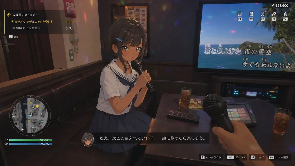 このキャラが登場する存在しない今風の{argument name="スタイル" default="都市型3Dアニメ調"}オープンワールドRPGの実プレイ画面を生成して。高品質なセルルック3Dキャラ、{argument name="舞台" default="現代都市の街並み"}、ミニマップ、クエスト表示、会話字幕、日本語UI。