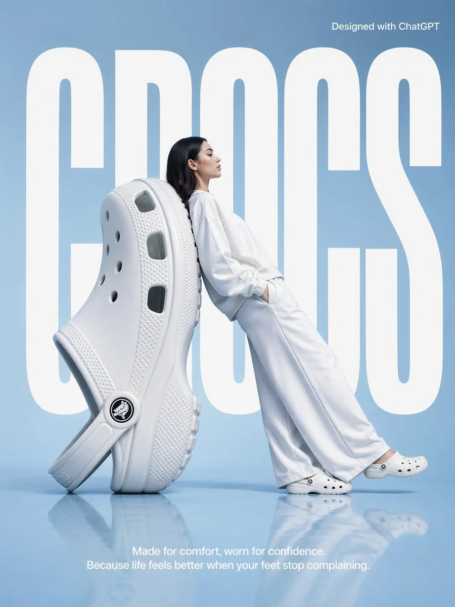 A high-fashion surrealist advertising poster for {argument name="brand" default="Crocs"}. The scene is set in a minimalist, monochrome {argument name="background color" default="light blue"} studio with a semi-reflective floor. 
The central focus is an oversized, giant white Croc clog positioned on its heel at a diagonal angle, serving as a backrest. A fashion model with long dark hair, dressed in a {argument name="clothing" default="clean, all-white coordinated sweatshirt and wide-leg trousers"}, leans her entire back against the giant shoe in a relaxed, leaning posture. She is facing right in profile, looking ahead with a serene expression, and wearing standard-sized white Crocs.
In the background, the word "CROCS" is written in massive, bold, white condensed sans-serif typography, partially occluded by the giant shoe and the model to create a sense of depth. At the  top right, "Designed with ChatGPT" 
At the bottom center, a white sans-serif tagline reads: "Made for comfort, worn for confidence. Because life feels better when your feet stop complaining." The lighting is soft, cool, and even, casting gentle shadows and a soft reflection of the subjects on the glossy blue floor. The overall aesthetic is clean, modern, and high-concept.

Make the aspect ratio 3:4