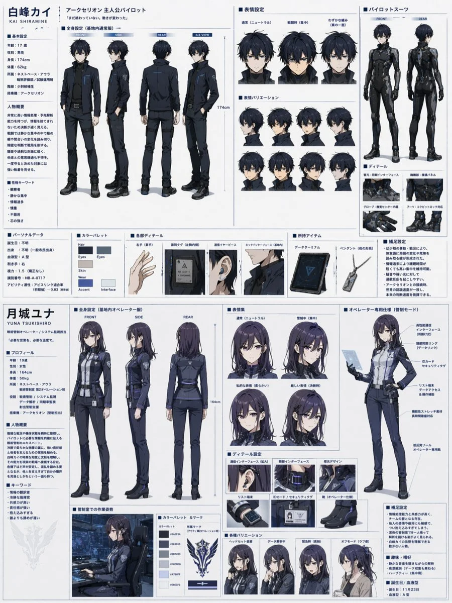{
  "type": "dual character reference sheet",
  "theme": "{argument name=\"theme\" default=\"sci-fi mecha pilot and operator\"}",
  "layout": "horizontal split, top half male, bottom half female",
  "top_character": {
    "name": "{argument name=\"male character name\" default=\"白峰カイ\"}",
    "appearance": "young male, messy black hair, blue eyes",
    "sections": [
      { "title": "profile text", "position": "left column", "description": "basic settings, summary, keywords" },
      { "title": "全身設定", "position": "mid-left", "count": 4, "labels": ["FRONT", "SIDE", "REAR", "3/4 VIEW"], "description": "wearing {argument name=\"male uniform color\" default=\"dark blue and black\"} military uniform" },
      { "title": "表情設定", "position": "top-right", "count": 3, "labels": ["通常", "戦闘時", "わずかな緩み"] },
      { "title": "表情バリエーション", "position": "mid-right", "count": 8, "description": "smaller headshots, various angles" },
      { "title": "パイロットスーツ", "position": "far-right", "count": 2, "labels": ["FRONT", "REAR"], "description": "tight black plugsuit" },
      { "title": "ディテール", "position": "bottom-right", "count": 4, "labels": ["首元", "胸部", "グローブ", "ブーツ"] },
      { "title": "bottom row", "position": "bottom", "elements": ["カラーパレット (6 swatches)", "各部ディテール (4 items: hand, tag, earpiece, neck)", "所持アイテム (2 items: tablet, pendant)", "補足設定 (text block)"] }
    ]
  },
  "bottom_character": {
    "name": "{argument name=\"female character name\" default=\"月城ユナ\"}",
    "appearance": "young female, long dark purple hair, purple eyes",
    "sections": [
      { "title": "profile text", "position": "left column", "description": "profile, summary, keywords" },
      { "title": "全身設定", "position": "mid-left", "count": 3, "labels": ["FRONT", "SIDE", "REAR"], "description": "wearing {argument name=\"female uniform color\" default=\"dark blue and grey\"} uniform with skirt" },
      { "title": "表情集", "position": "mid-right", "count": 4, "labels": ["通常", "管制中", "私的な表情", "厳しい表情"] },
      { "title": "オペレーター専用仕様", "position": "far-right", "count": 1, "description": "3/4 view holding tablet, callout lines" },
      { "title": "ディテール設定", "position": "bottom-right", "count": 6, "labels": ["通信インターフェース", "頸部インターフェース", "襟元デザイン", "リスト端末", "IDカード", "靴"] },
      { "title": "bottom row", "position": "bottom", "elements": ["管制室での作業姿勢 (1 half-body shot)", "カラーパレット & マーク (6 swatches, 1 emblem)", "各種バリエーション (4 headshots: ヘッドセット装着, データ解析中, 緊急時, オフモード)", "補足設定 (text block)"] }
    ]
  }
}